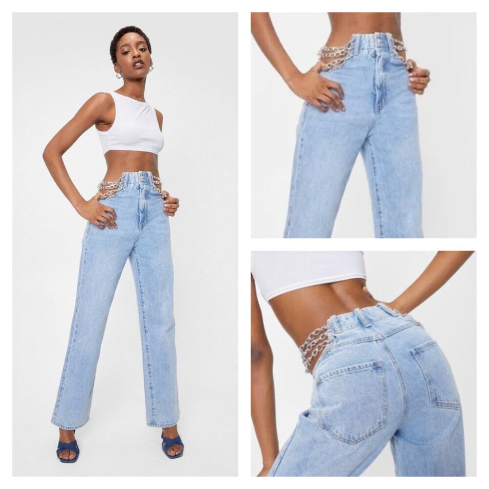 NASTY GAL Light Wash High Waist Chain Straight Leg Jeans